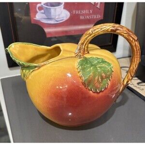Vintage Peach Pitcher, Colorful Ceramic Fruit Pitcher Clean Shiny Glaze 7” Tall